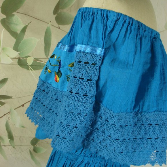 Bright Turquoise Aqua  Mexican Floral Embroidered Dress Off Shoulder Summer - Picture 4 of 12
